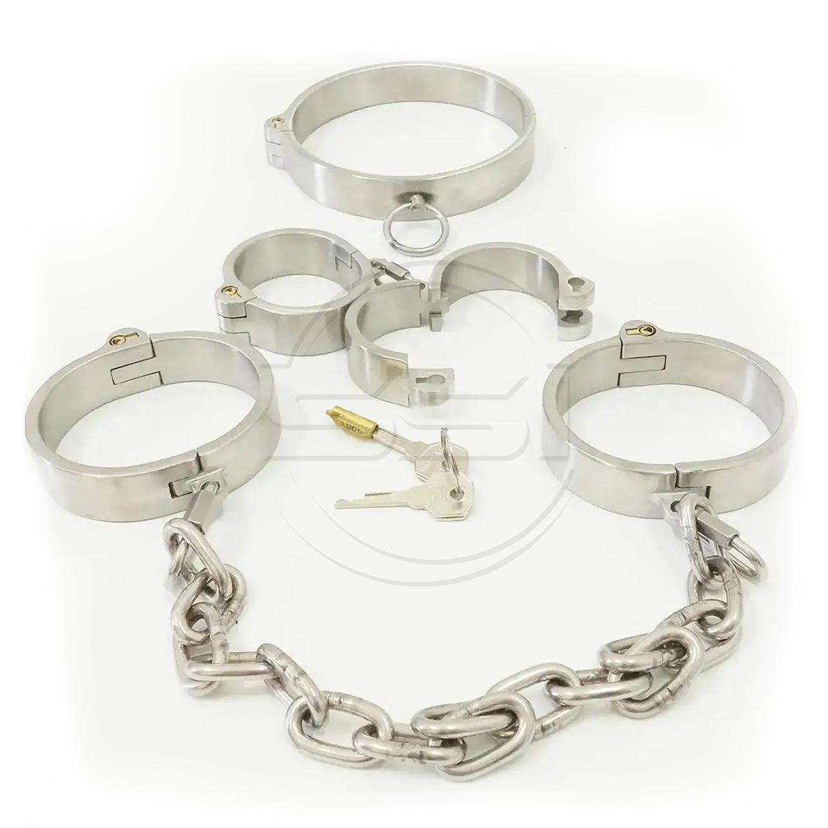 Stainless steel restraints bdsm bondage metal neck collar hand ankle cuffs chain